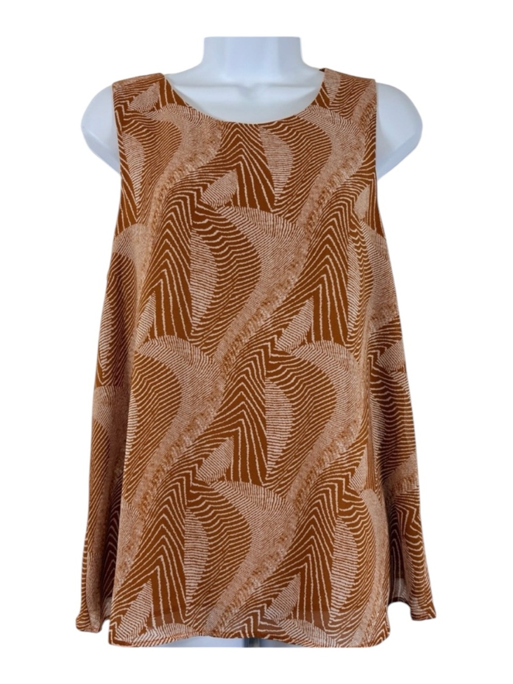 Pleione Sleeveless Blouse Brown Abstract Print Zip Back Size S Modern Boho